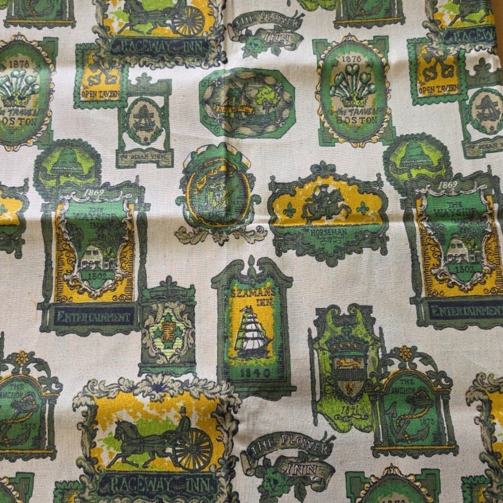 Vintage 1950s–1960s Novelty Linen Fabric – Boston Tavern / Equestrian Theme
